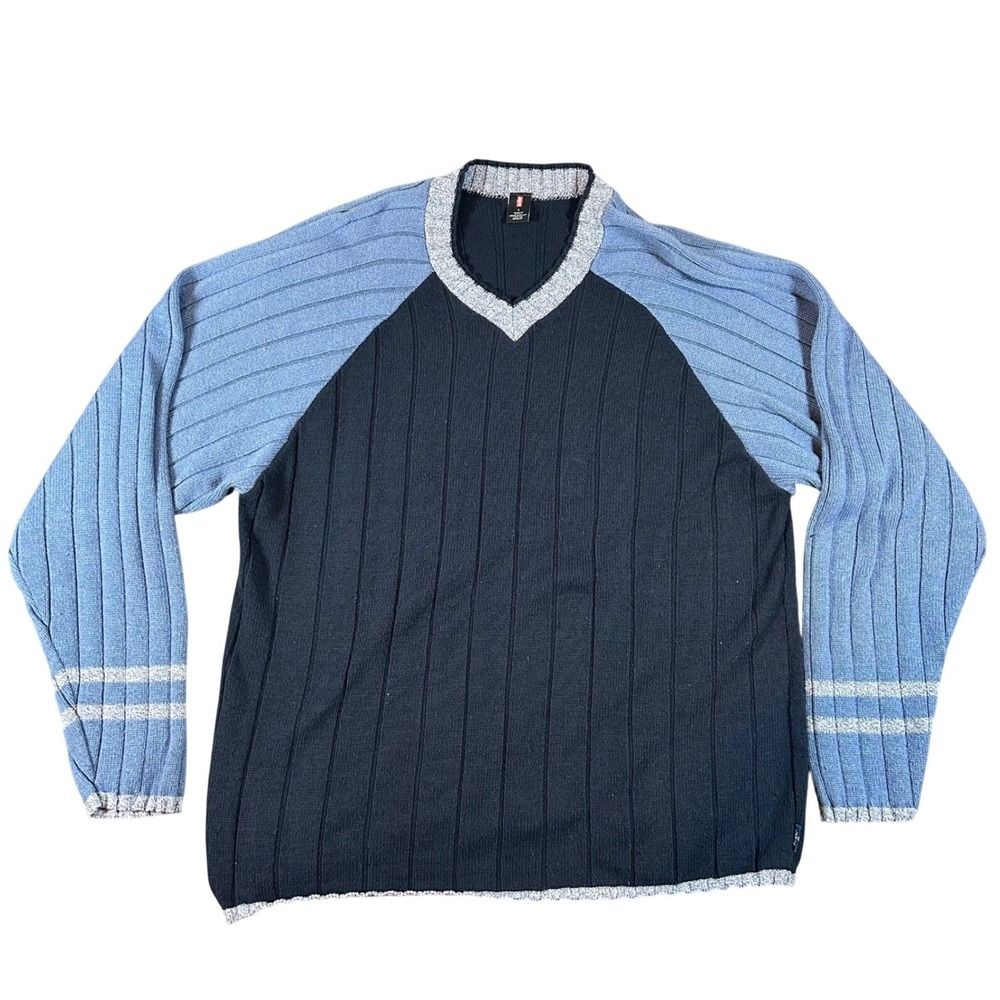 Levis Mens Vintage V-Neck Ribbed‎ Colorblock Raglan Sweater Blue Large USA 80s